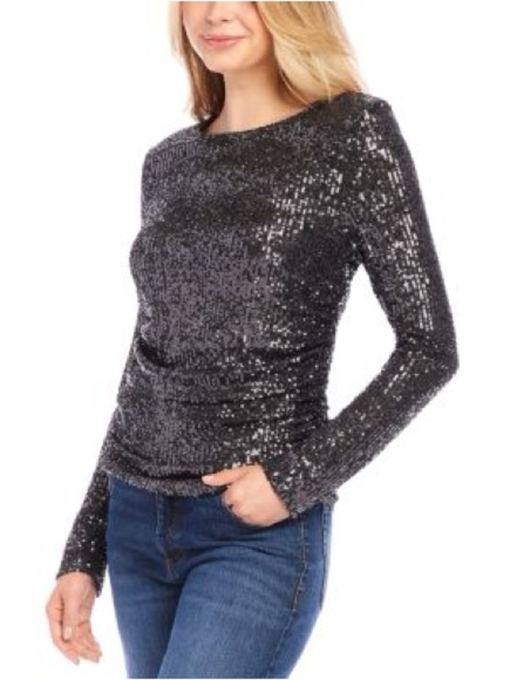 NWT Karen Kane Black Sequined Ruched Long Sleeve Top Size S